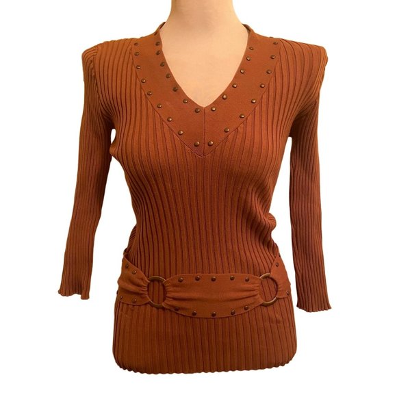 Tracy M Tops - Vintage Y2K Brown stretch studded knit sweater top with belt Medium